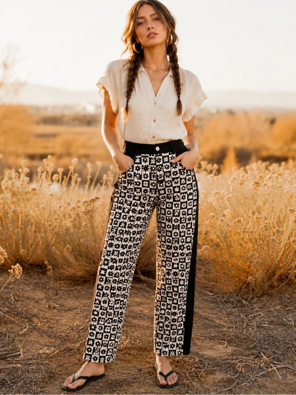 Lisa Says Gah! Checkerboard Floral Wide Leg Pants
